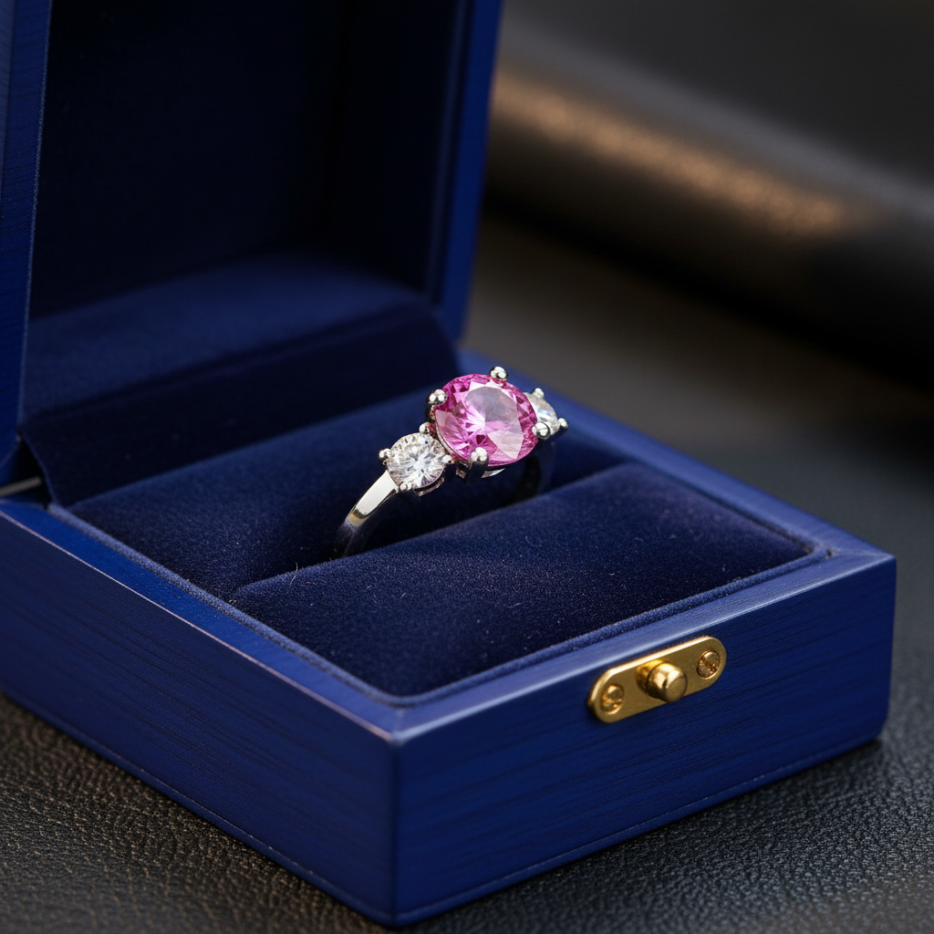 Round Pink Sapphire Ring in Gift Box