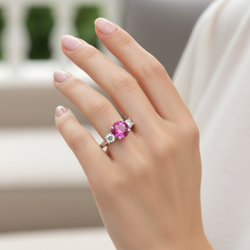 Round Pink Sapphire Ring on Hand