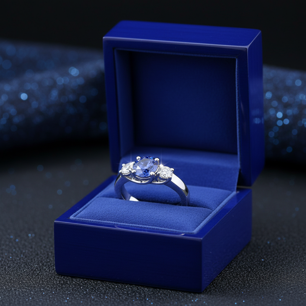 Round Sapphire Diamond Ring in Gift Box