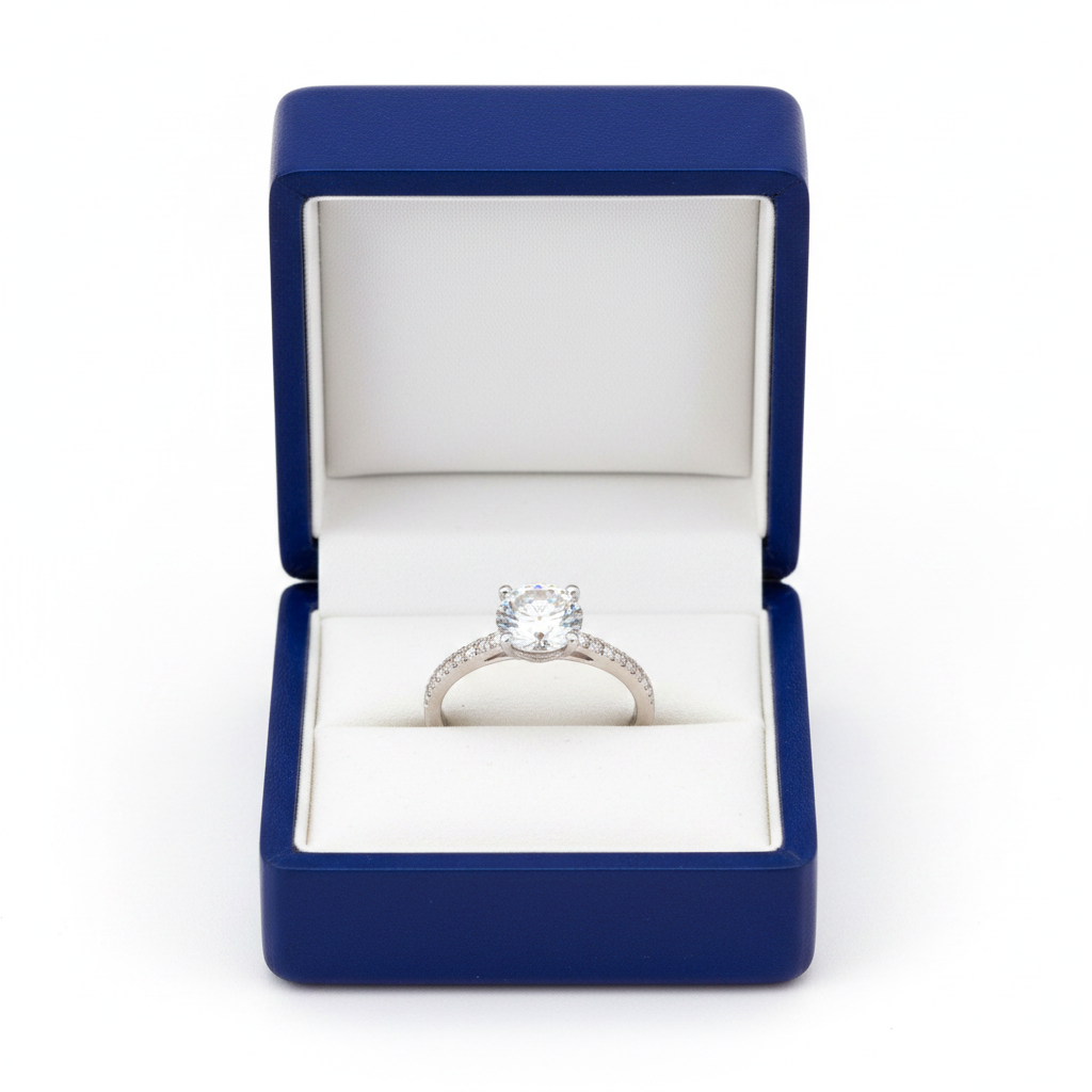 Round Solitaire Diamond Ring in Royal Blue Wooden Box