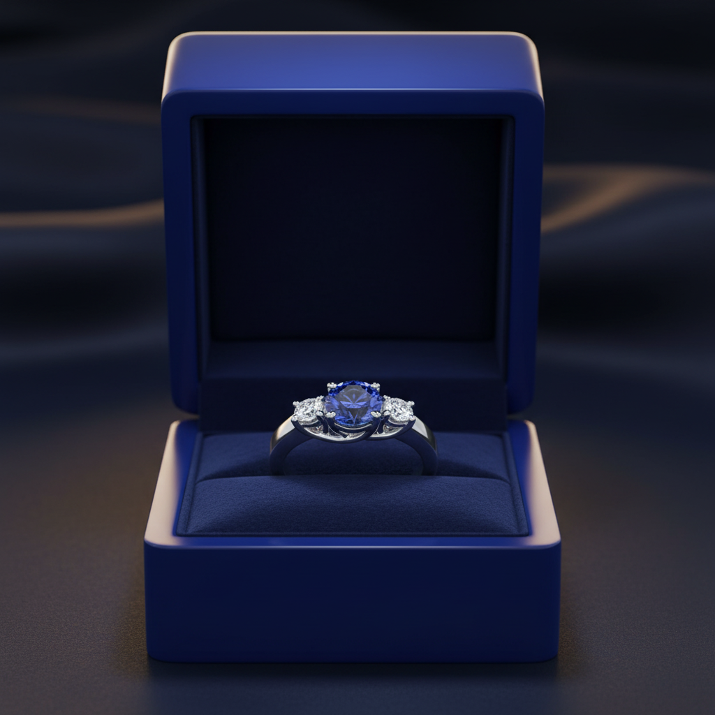 14k gold round Tanzanite and diamond fashion ring with 1.32 carats total weight, displayed in a gift box.