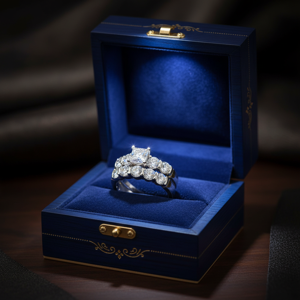 14k gold princess diamond wedding band set with 0.95 ct total weight, displayed in a royal blue wood box.
