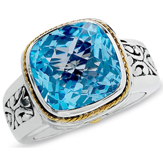 18K Gold Sterling Silver Cushion Blue Topaz Ring (4.5.cts.tw)