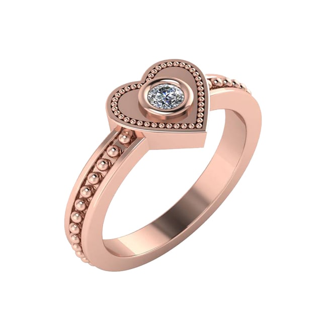 14k Gold Diamond Milgrain Heart-Shape Bezel beaded Shank (0.10.ct.tw)