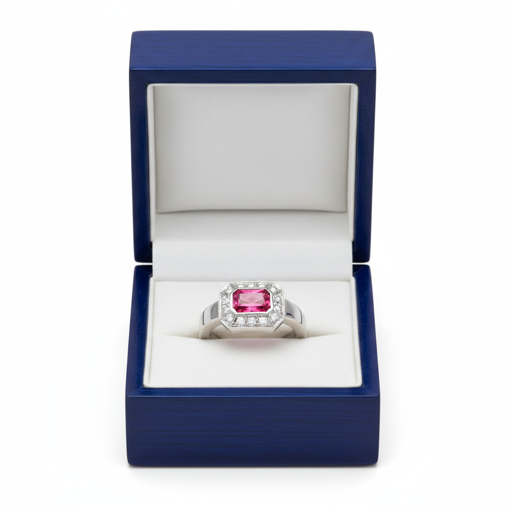 Rubellite Tourmaline Diamond Ring in Royal Blue Gift Box