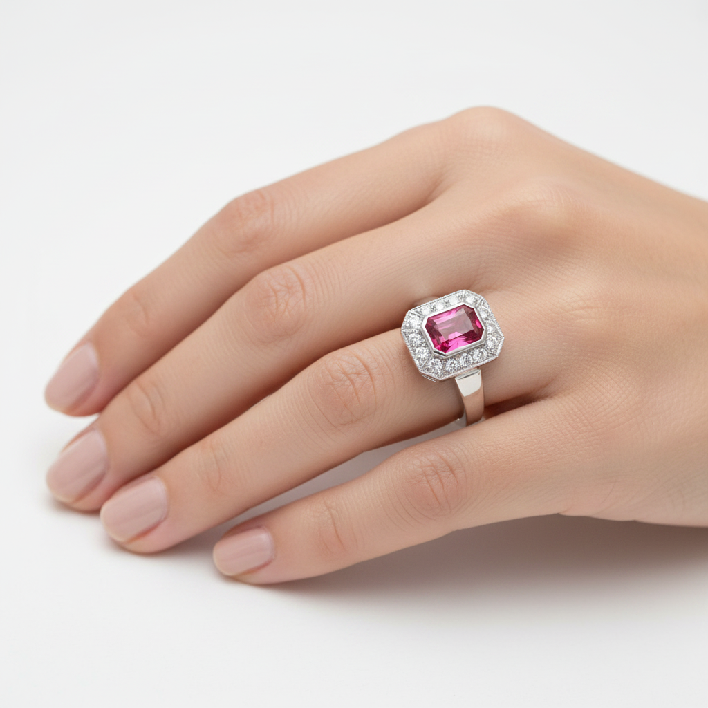 Rubellite Tourmaline Diamond Ring on Model