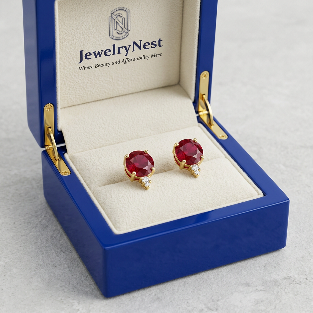 Ruby and diamond studs in a royal-blue wooden box with the JewelryNest logo