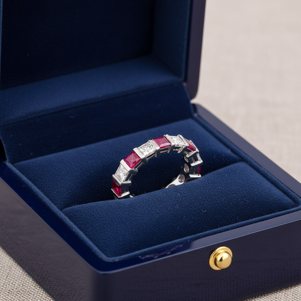 14k gold princess diamond ruby eternity wedding band with 2.0 carats in a royal blue box, featuring sparkling diamonds and vibrant rubies.
