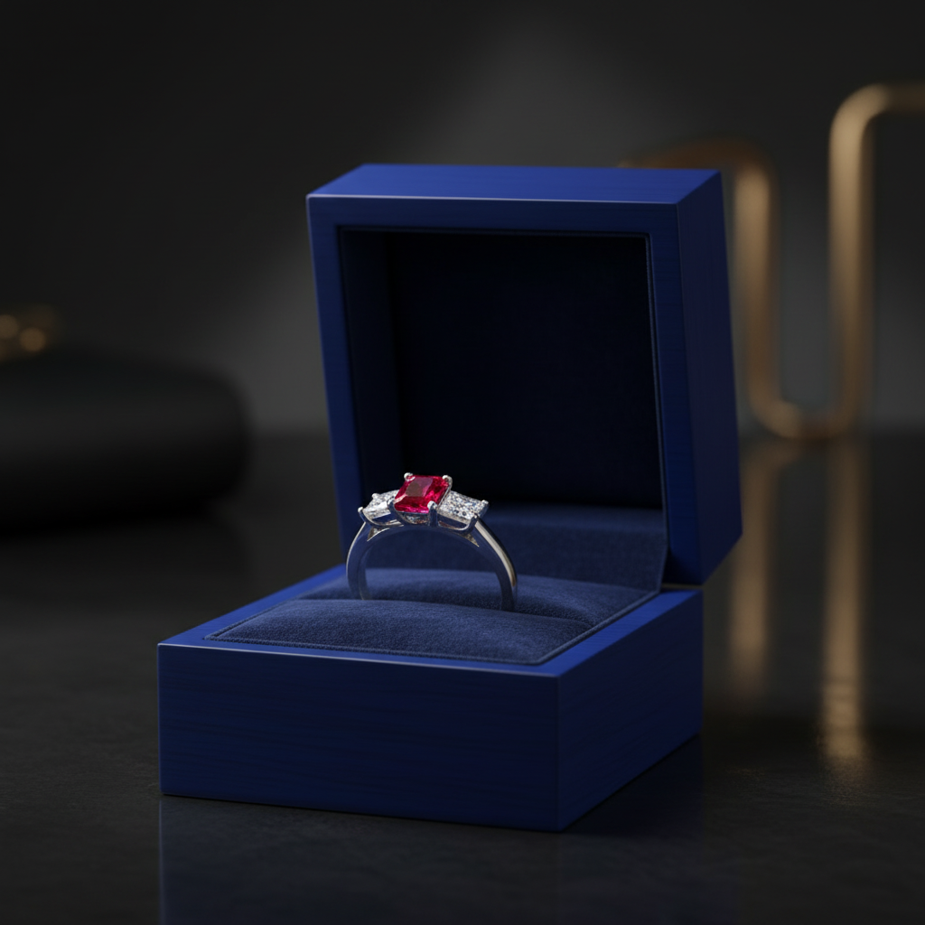 14k gold three-stone ruby and diamond fashion ring with princess-cut rubies, displayed in a gift box.