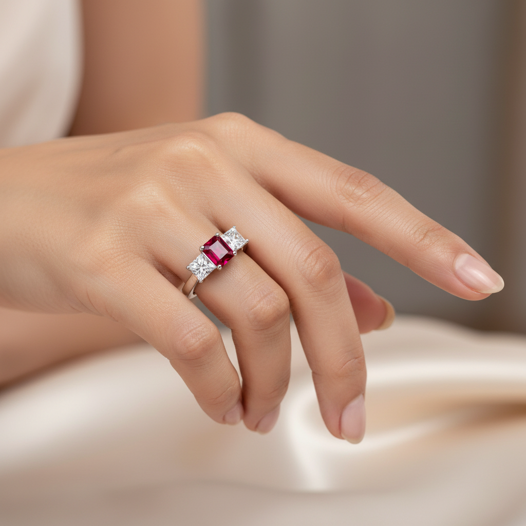 14k gold three-stone ruby and diamond fashion ring on a hand, showcasing the elegant design and sparkling gemstones.