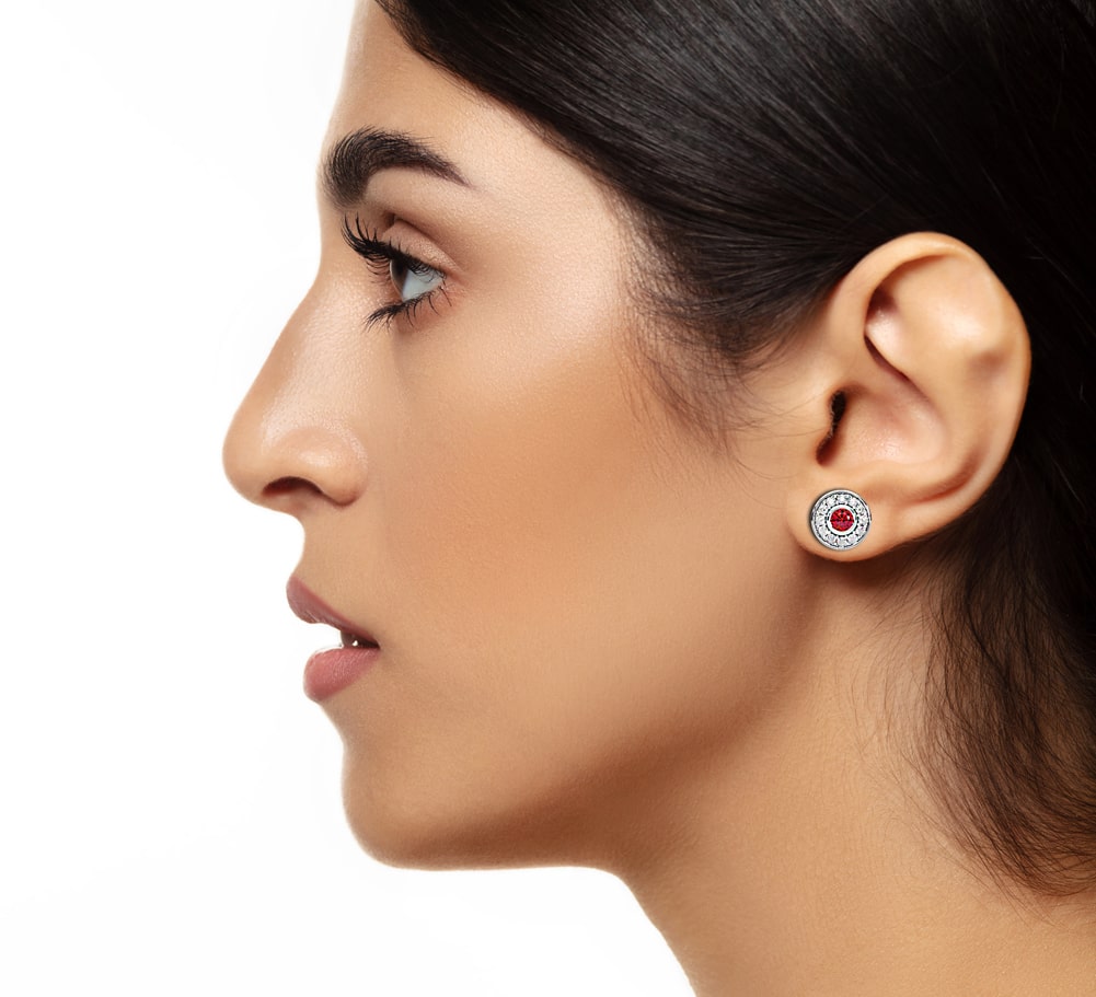 14k Gold Diamond Ruby Donut Gallery Back Earring On Woman Ear (0.92.ct.tw)