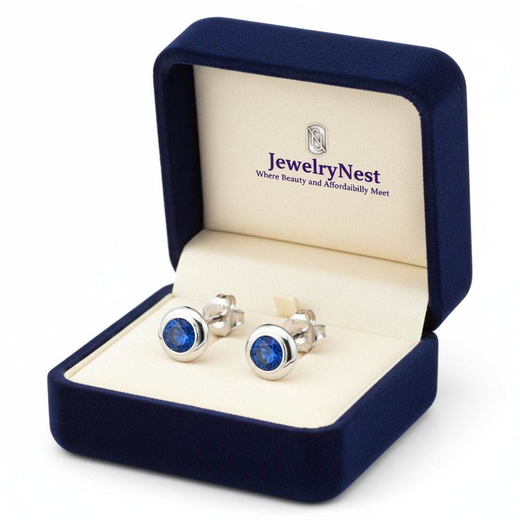 Sapphire Bezel Stud Earrings in Box with Logo