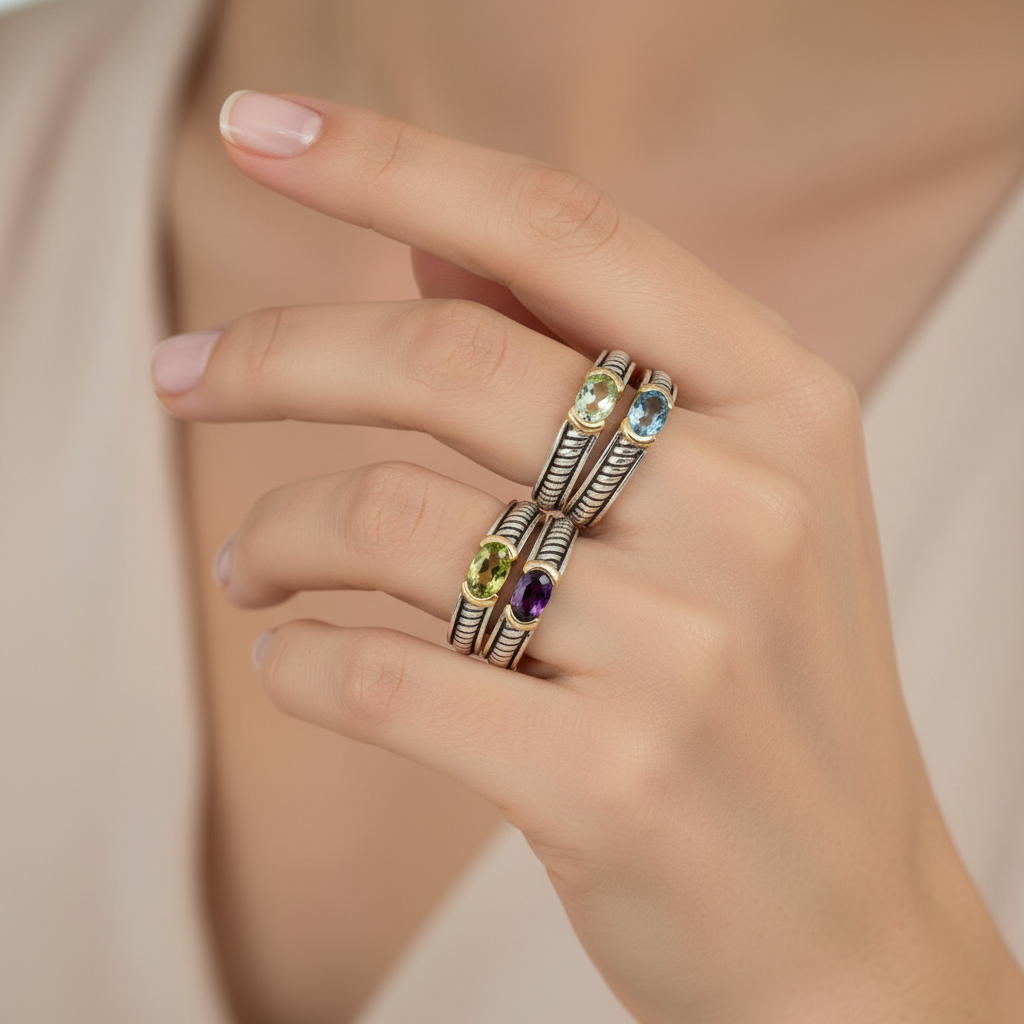 Semi Precious Stackable Rings on Model