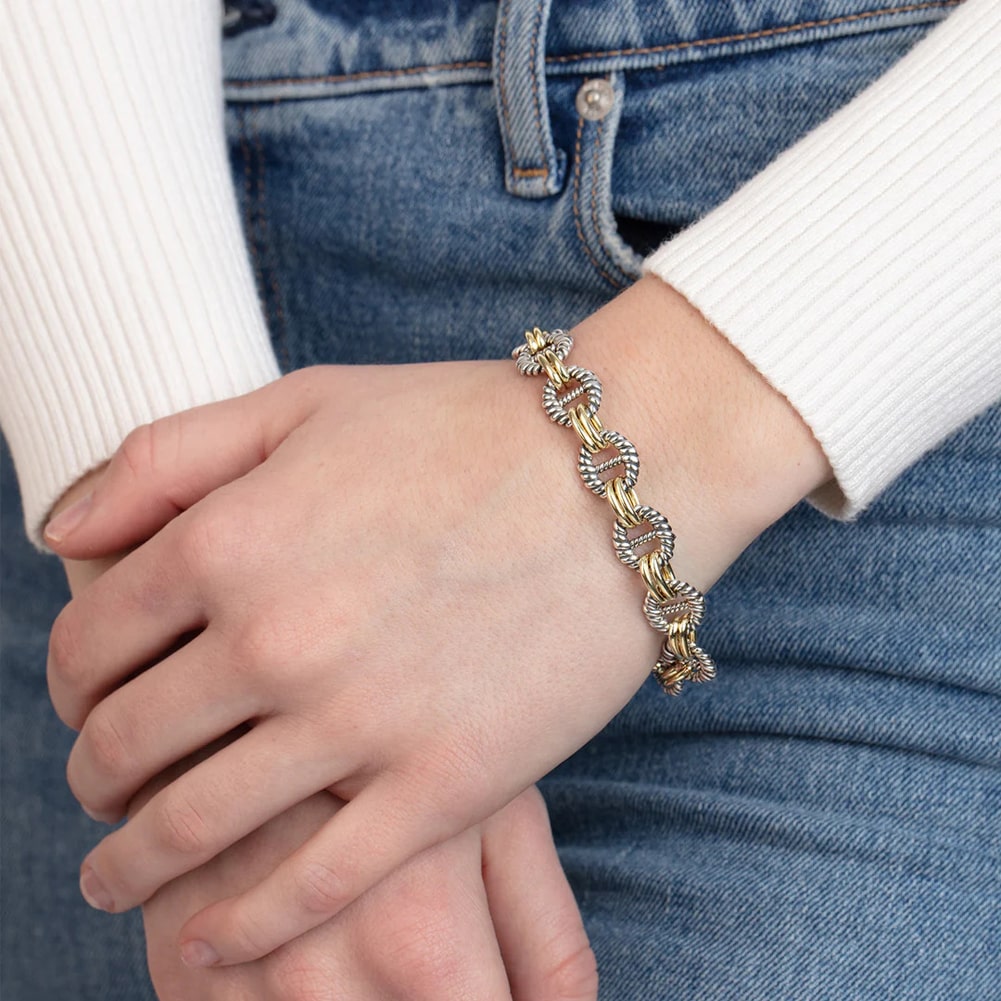 Sterling Silver 18K Gold Marina Link Bracelet On Man Hand (32.40 gr. tw)