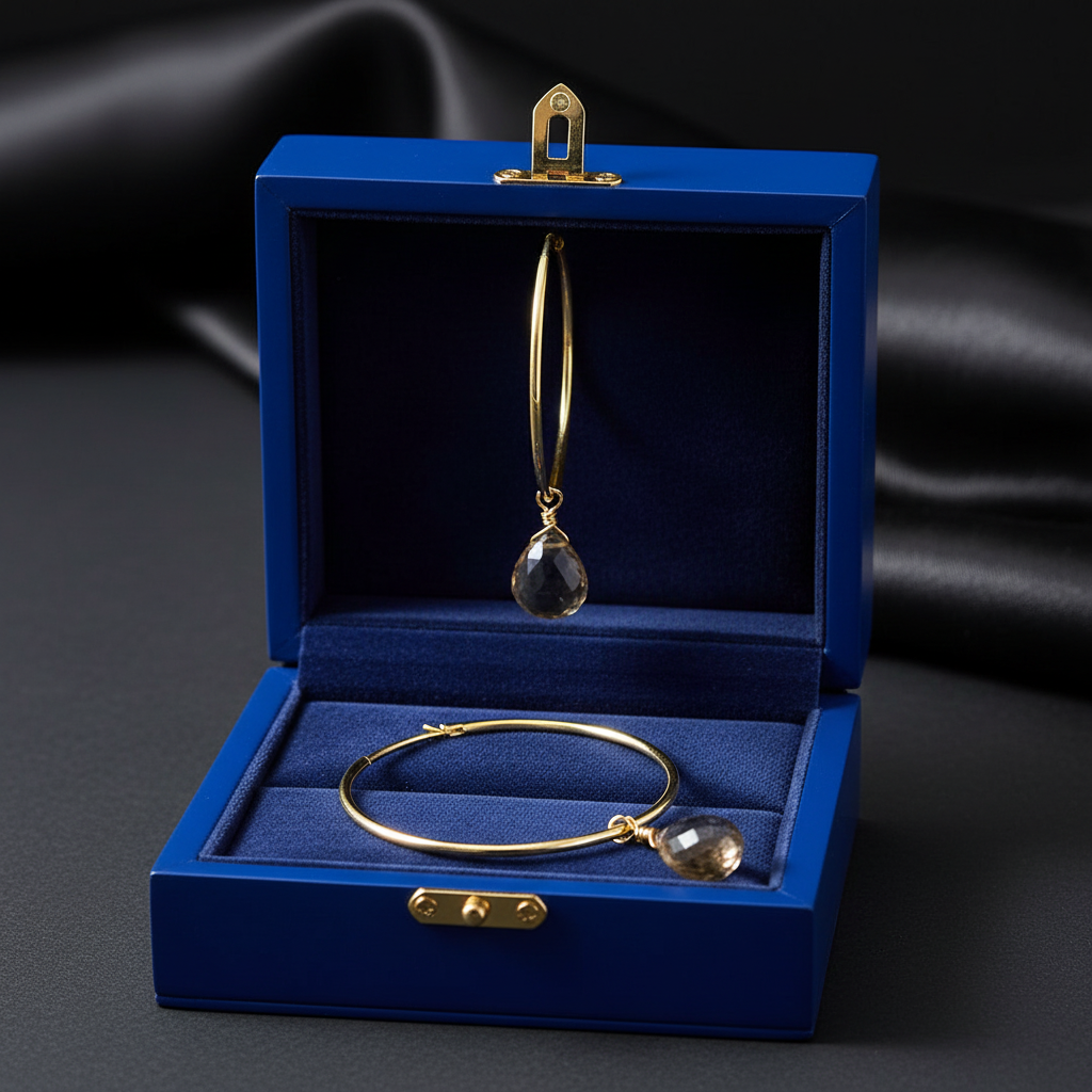 14k gold teardrop smoky topaz hoop earrings with 6.0 cts tw, displayed in a gift box, by JewelryNest.