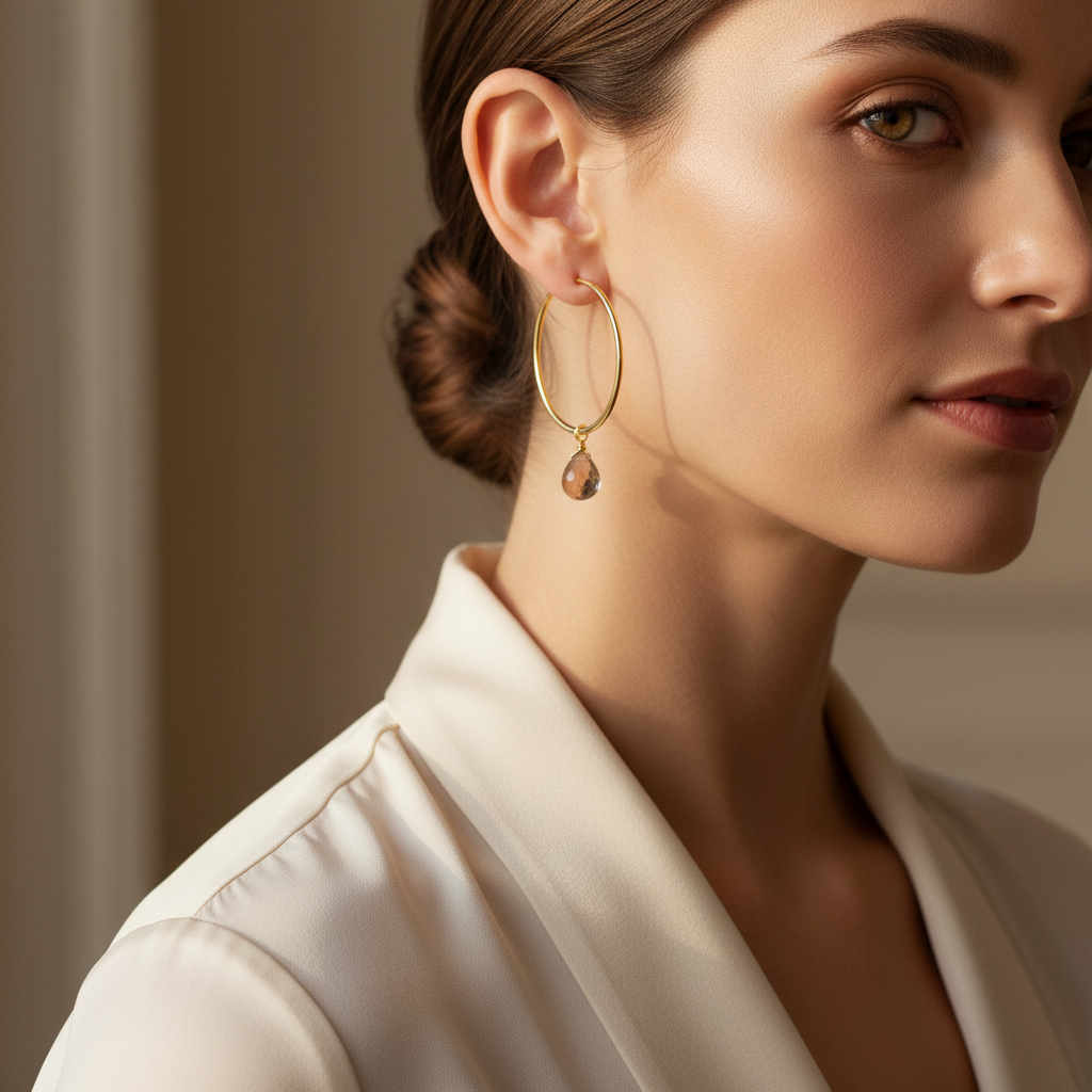 14k gold teardrop smoky topaz hoop earrings with 6.0 carats tw, featuring faceted briolette stones on a model.