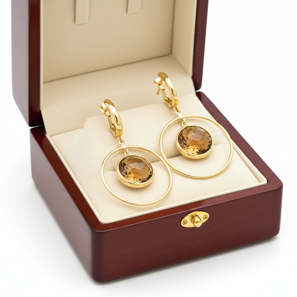 Smoky Topaz Dangle Hoop Earrings in Box