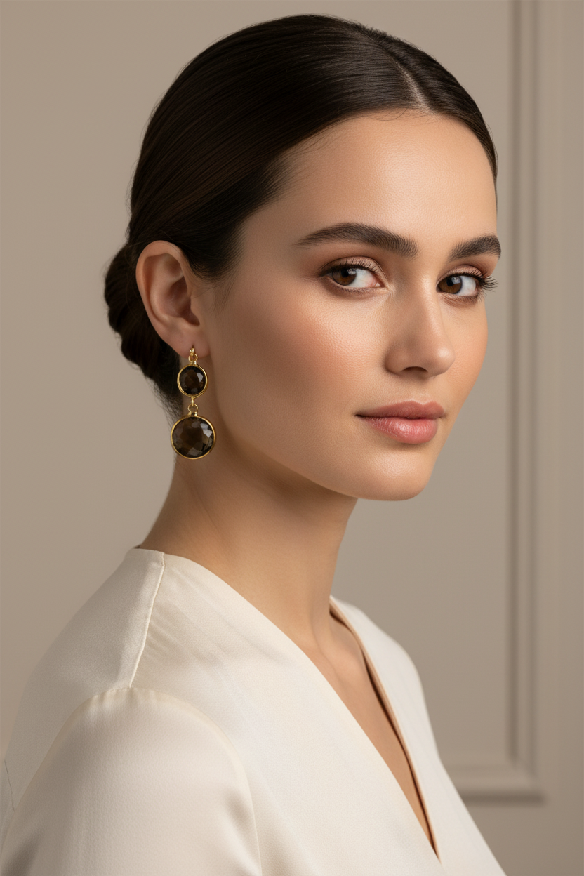 Smoky Topaz Drop Earrings on Model