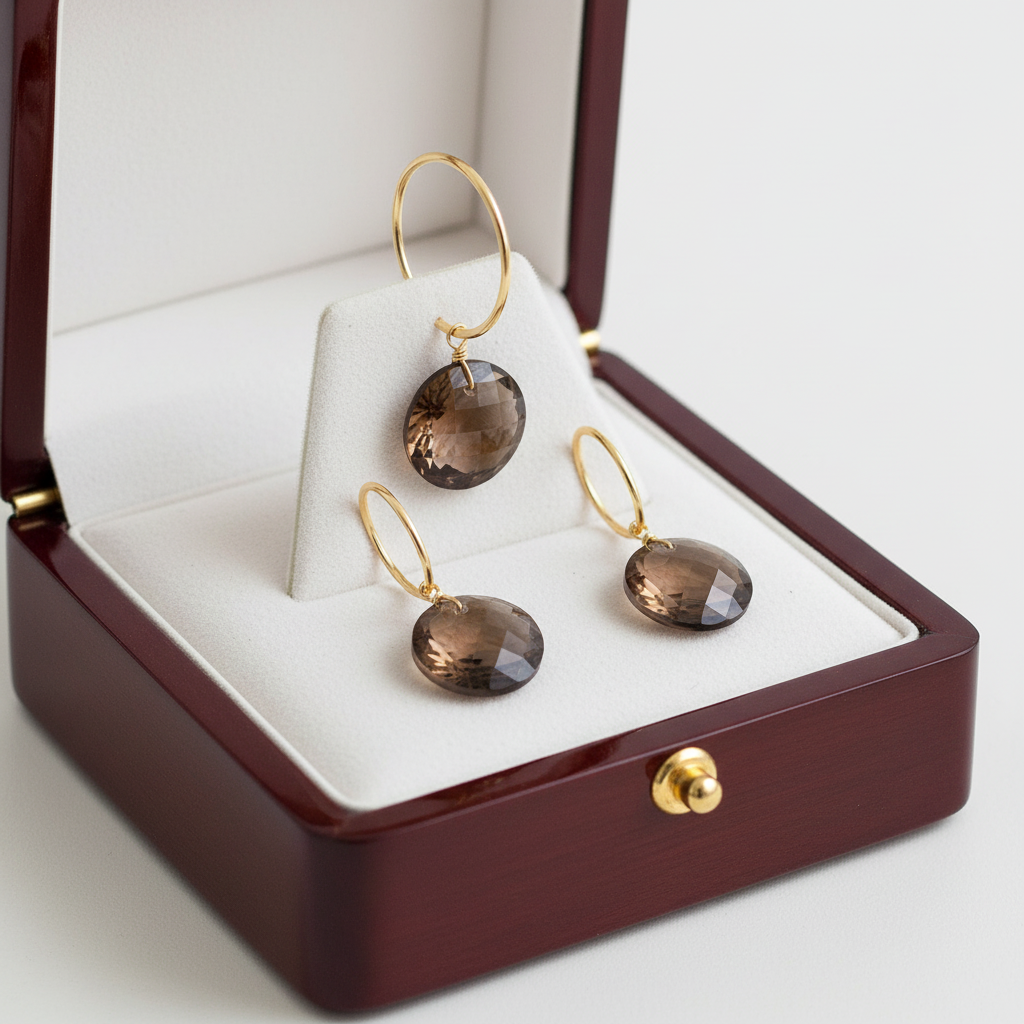 Smoky Topaz Hoop Earrings in Box