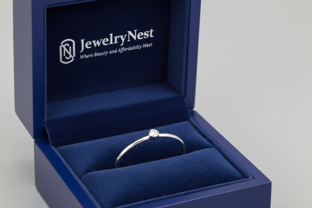 Solitaire Diamond Ring in Royal Blue Box with JewelryNest Logo