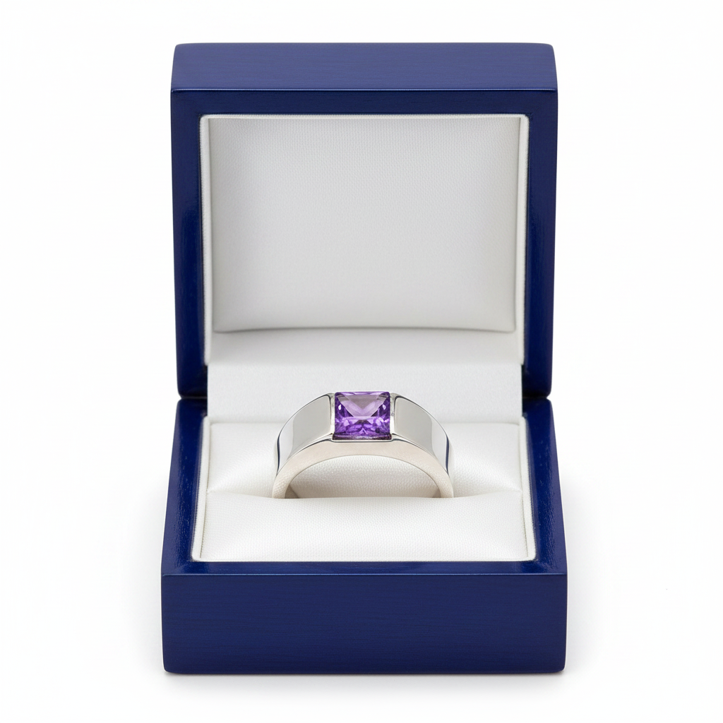 Square Amethyst Tank Ring in Royal Blue Wooden Box