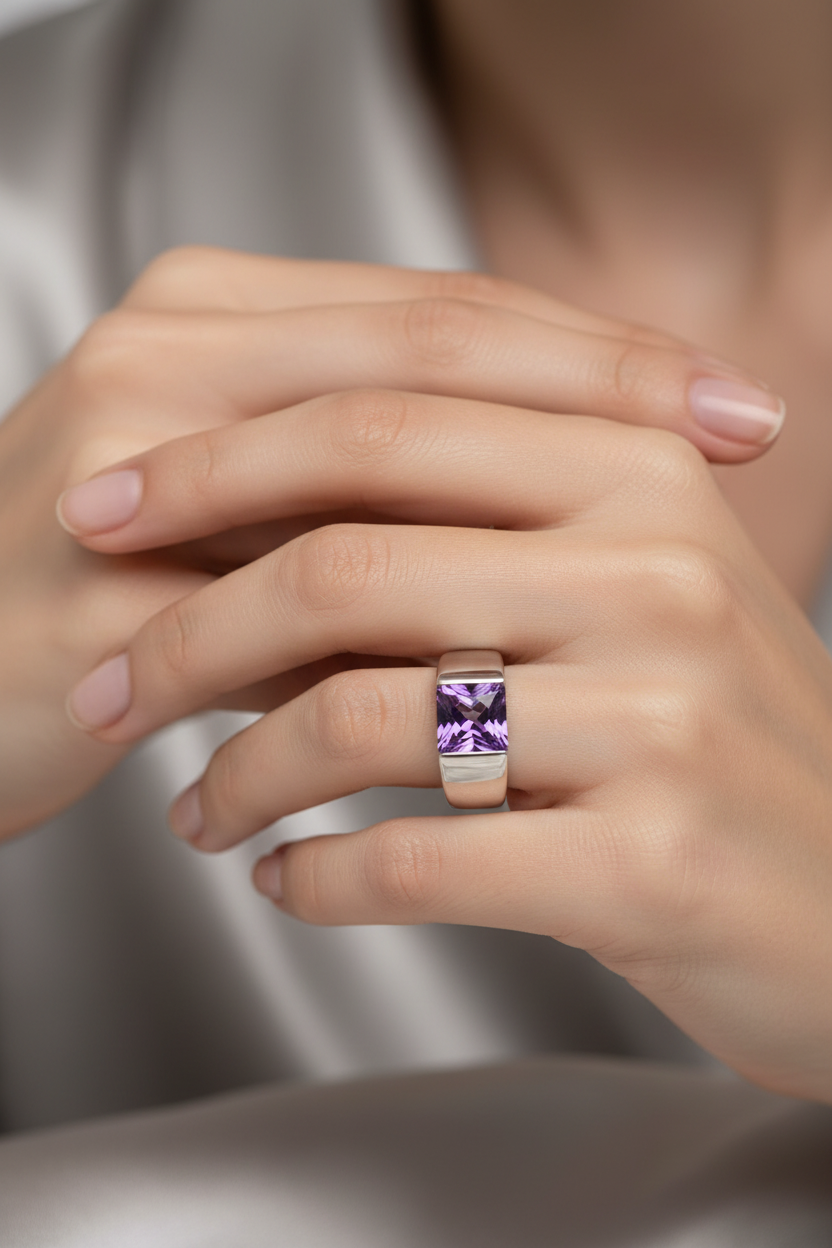 Square Amethyst Tank Ring on Model