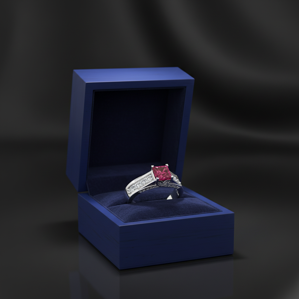 14k gold fashion ring featuring a square pink tourmaline and diamond accents, presented in a gift box.
