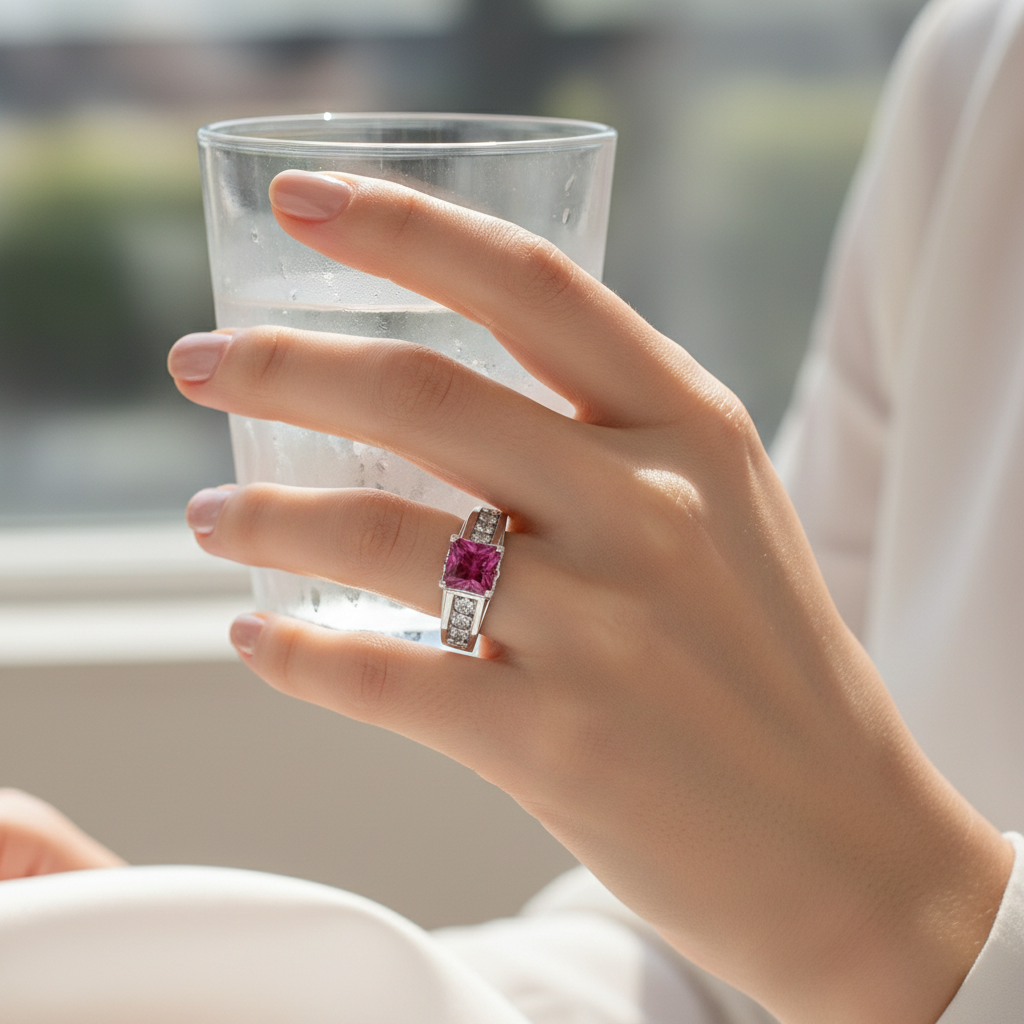 14k gold square pink tourmaline and diamond fashion ring on hand, showcasing elegant jewelry design with sparkling stones