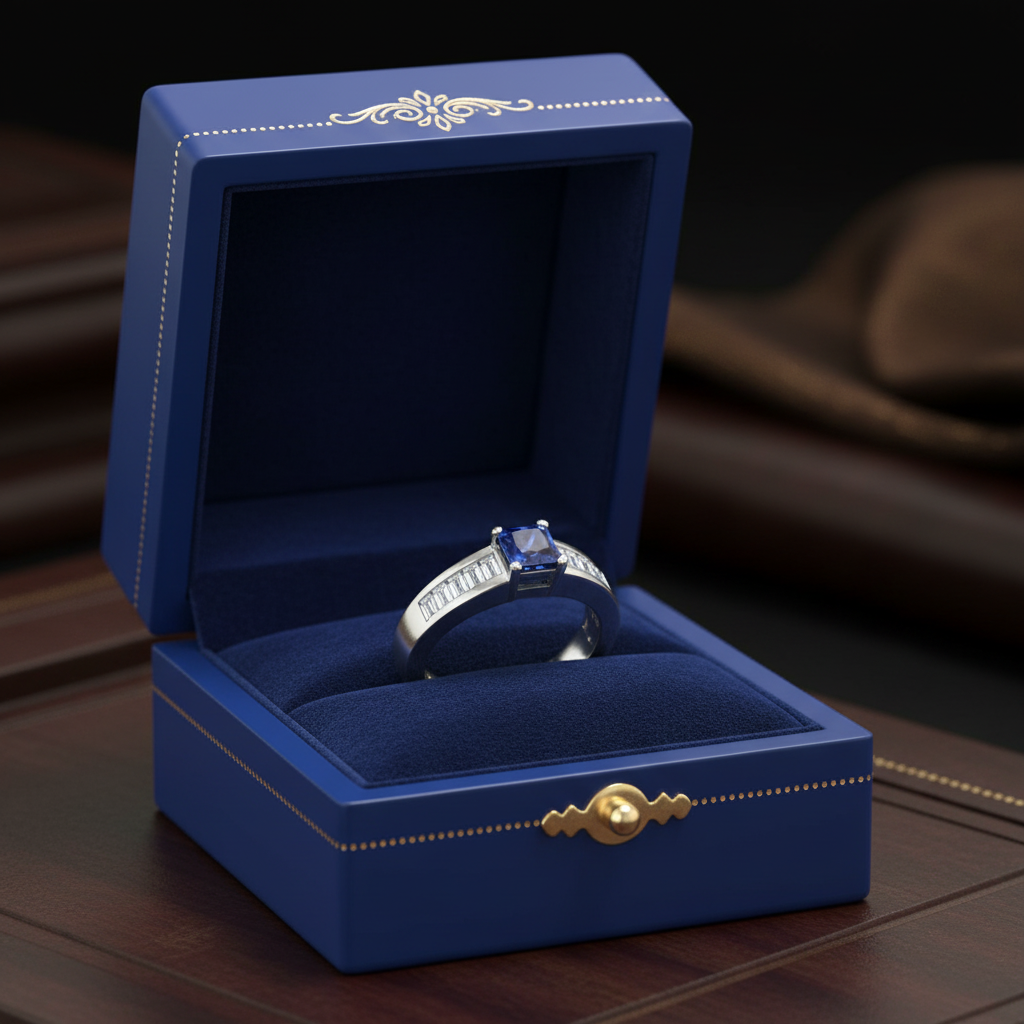 14k gold square sapphire and diamond fashion ring with 1.25 carats total weight, displayed in a gift box.