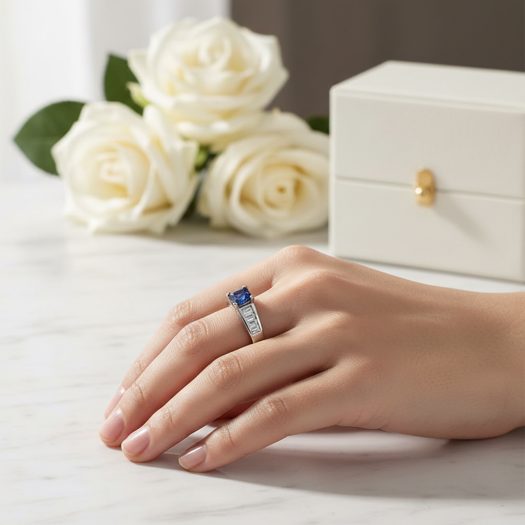 14k gold square sapphire and diamond fashion ring on finger, showcasing elegant jewelry design with 1.25 carats total weight.