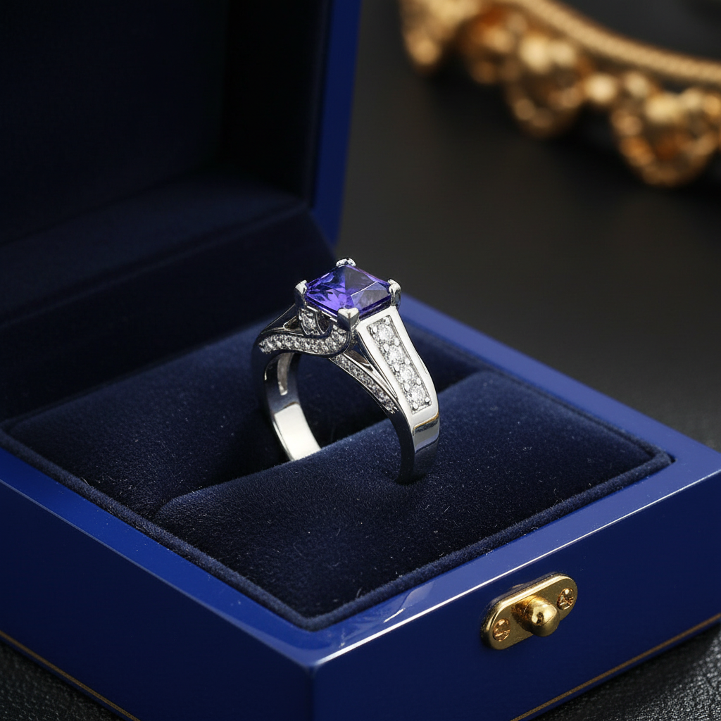 14k gold square tanzanite and diamond fashion ring with 1.53 carats, displayed in a jewelry gift box.