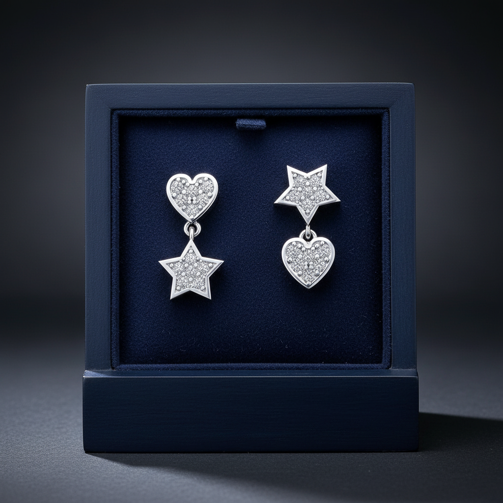 Star Heart Earrings in Wooden Blue Box