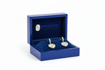 Sterling Silver & 18K Gold Diamond Heart Earrings in Royal Blue Box with JewelryNest Logo
