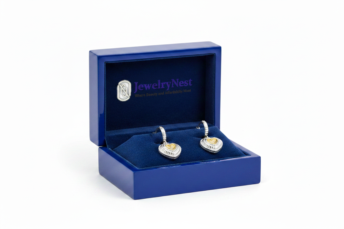 Sterling Silver & 18K Gold Diamond Heart Earrings in Royal Blue Box with JewelryNest Logo