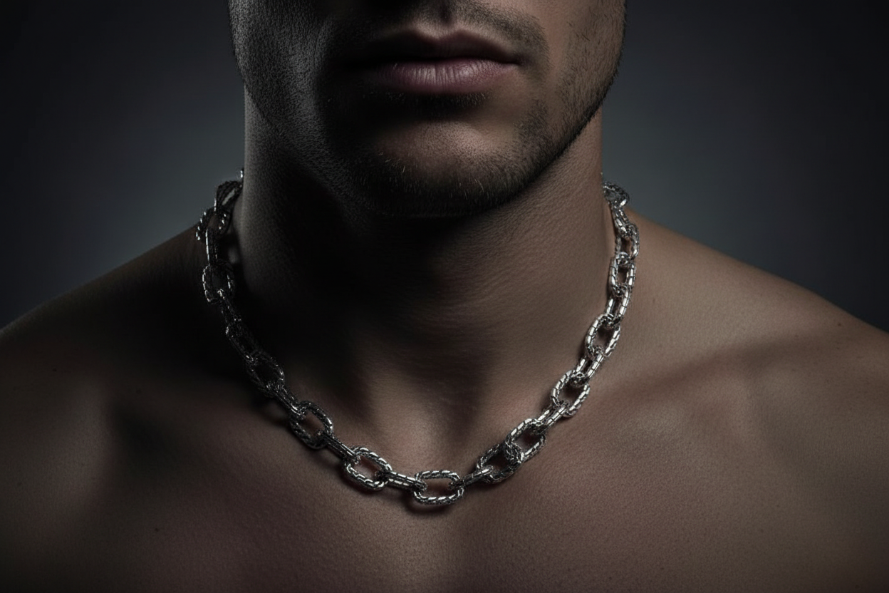 Sterling Silver Woven Link Men's Necklace on Model