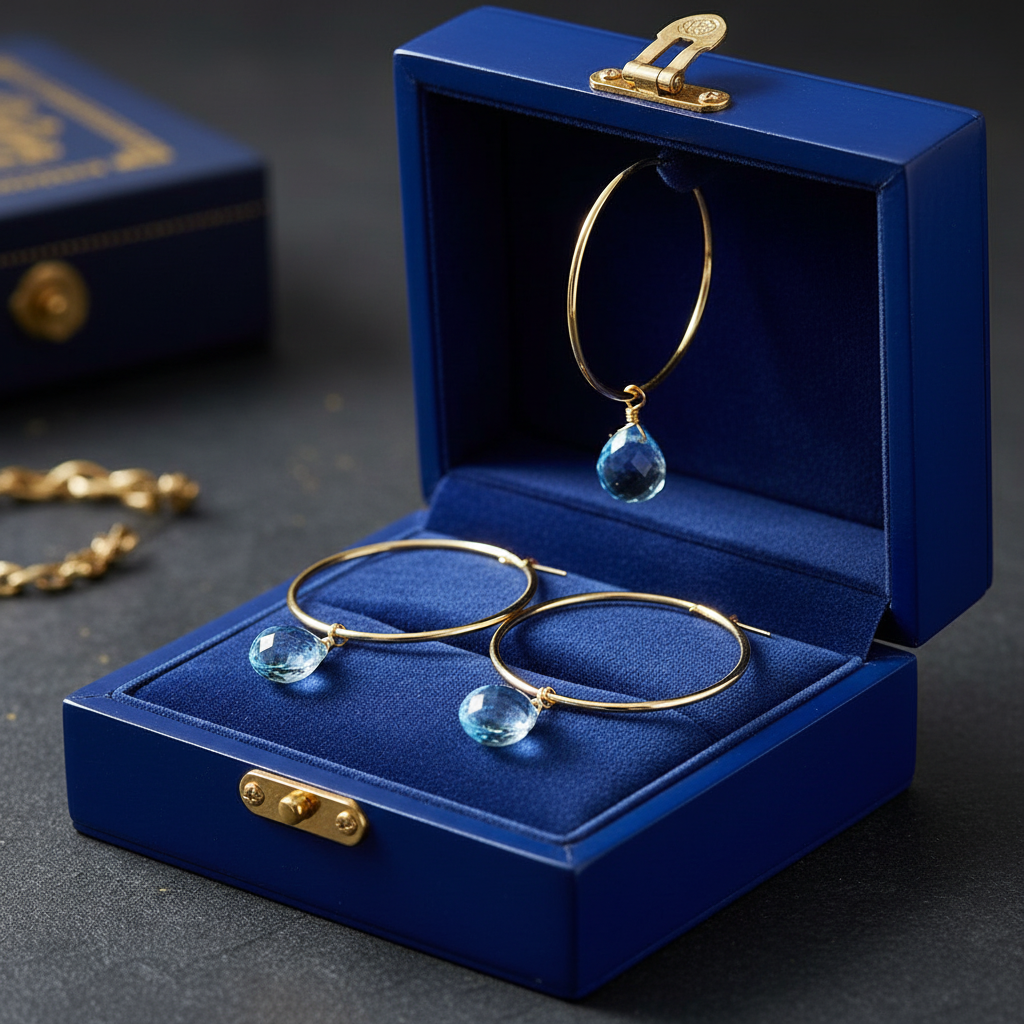 14k gold teardrop Swiss Blue Topaz hoop earrings with 6.0 cts tw, displayed in a gift box. Elegant jewelry by JewelryNest.