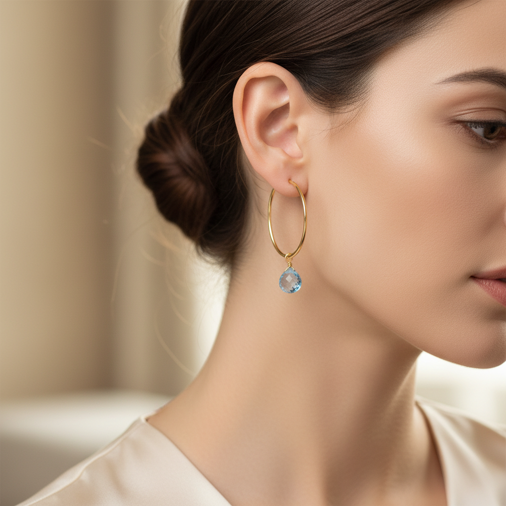 14k gold teardrop Swiss Blue Topaz hoop earrings with 6.0 cts tw, featuring sparkling blue topaz gemstones on a model.