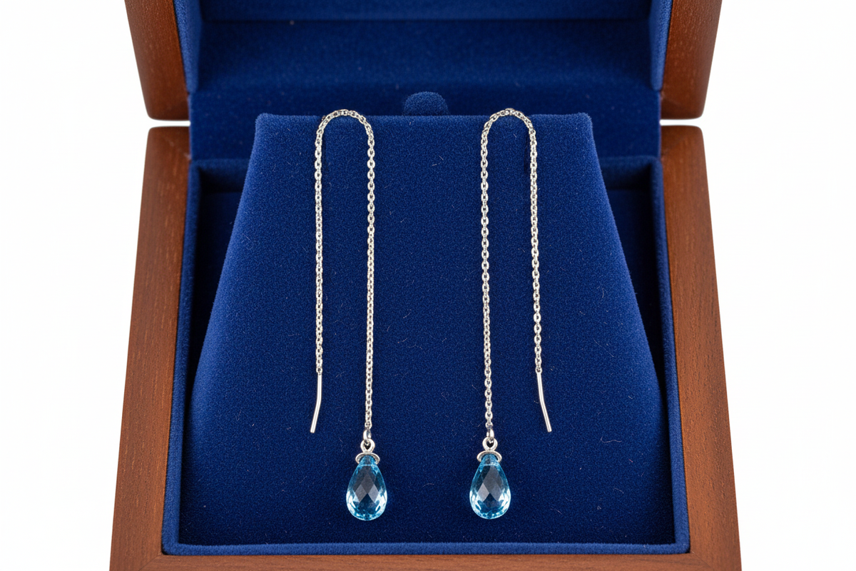 Swiss Blue Topaz Threader Earrings Full Face in Royal Blue Box