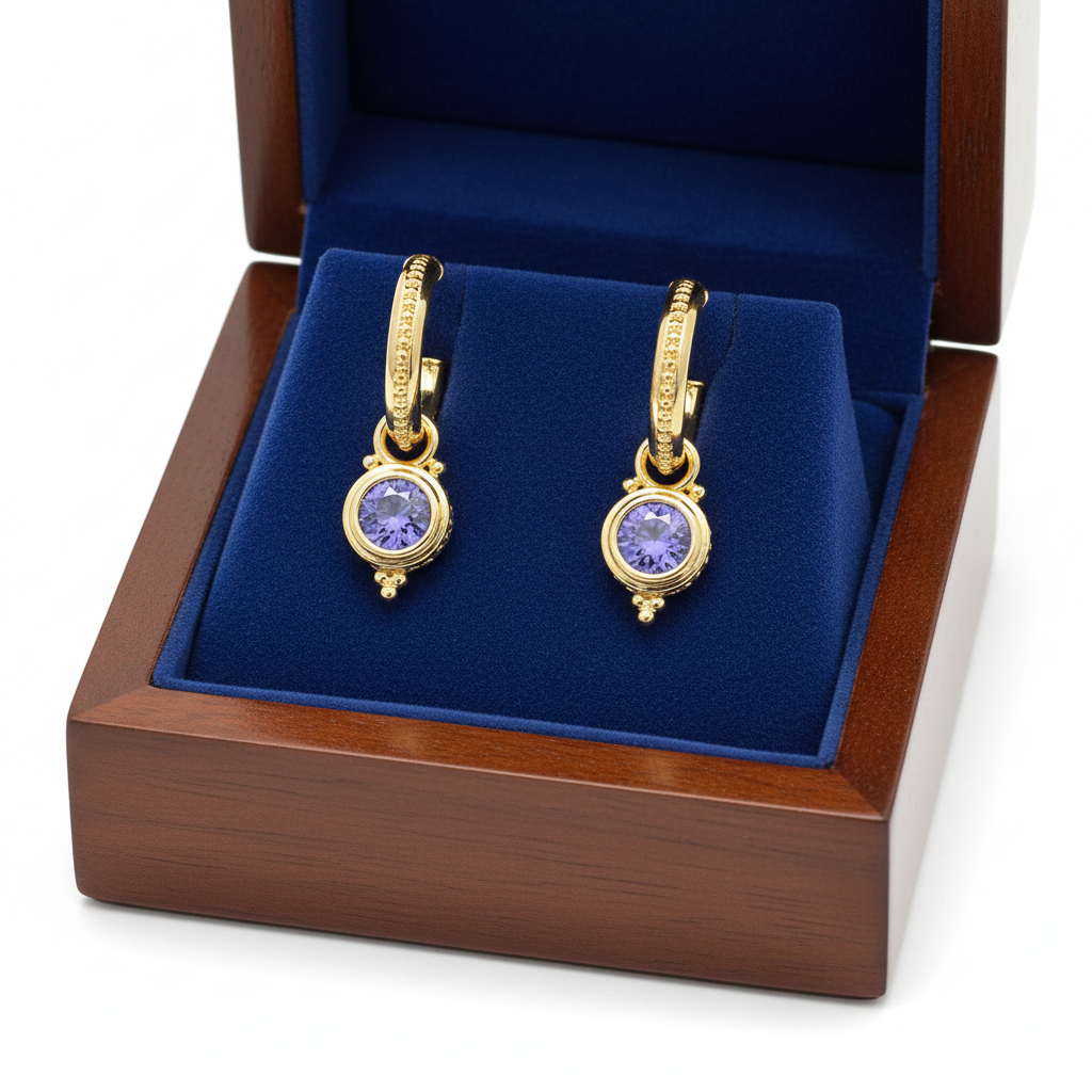 Tanzanite Charm Hoop Earrings in Box