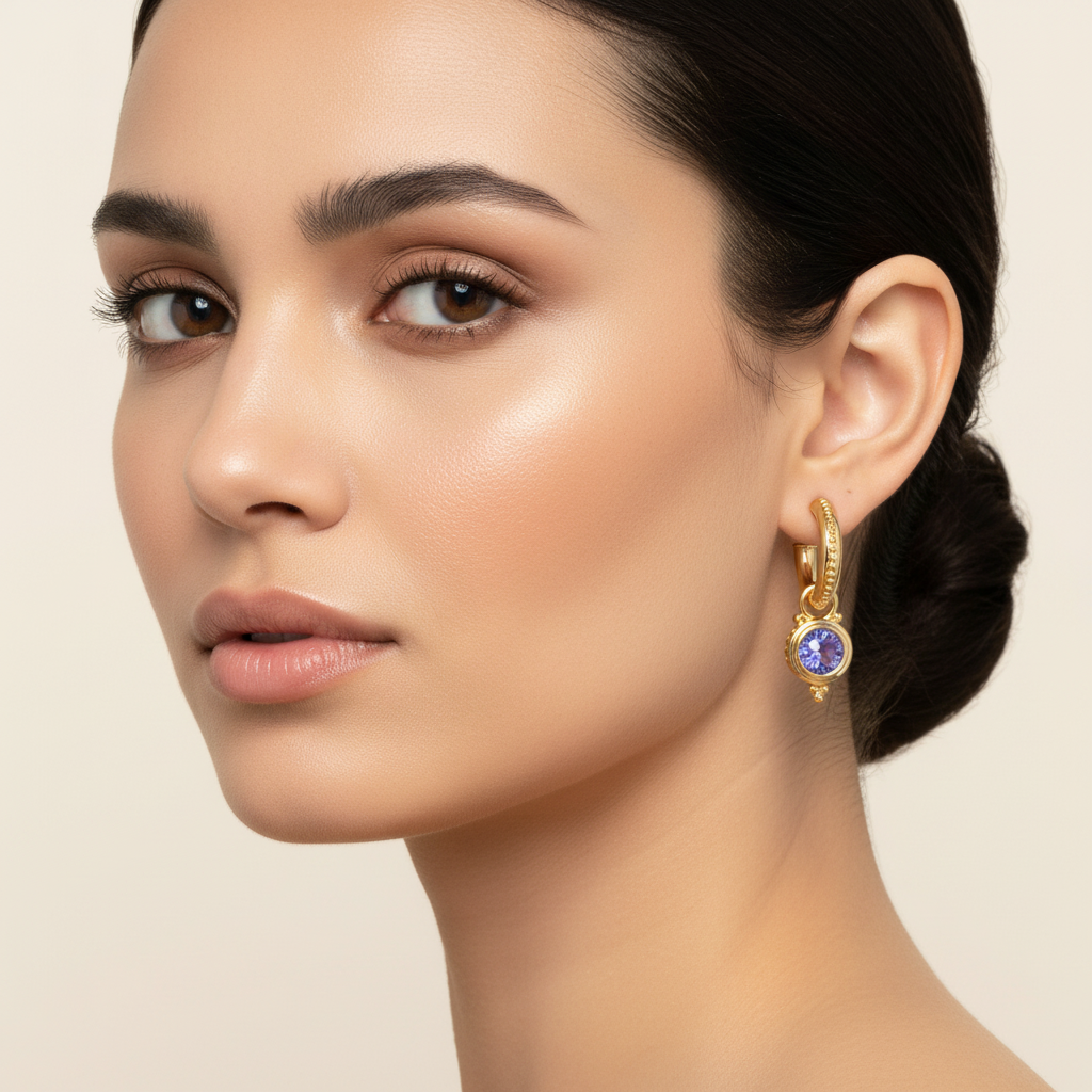 Tanzanite Charm Hoop Earrings on Model