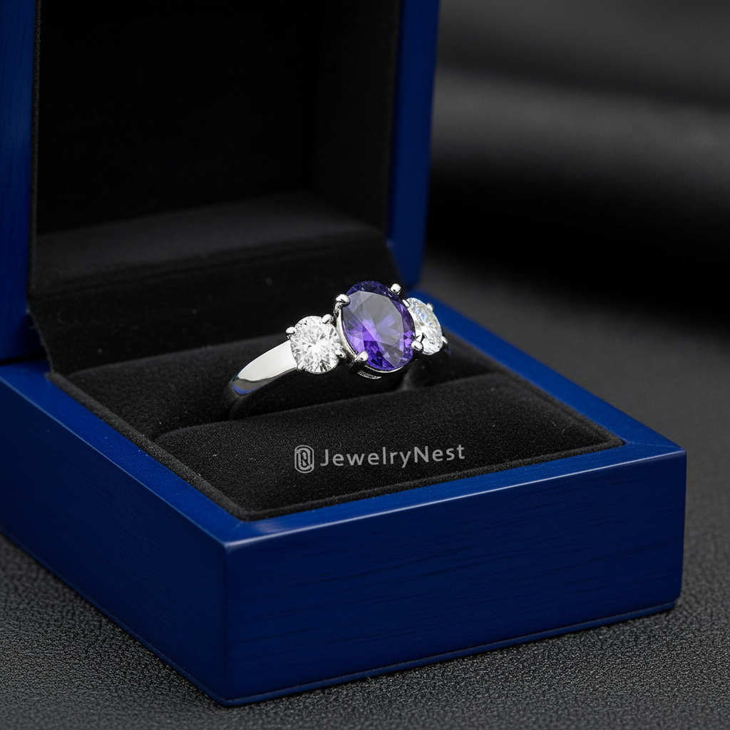 14k gold oval tanzanite and diamond fashion ring with 1.95 ct tw displayed in a jewelry gift box.