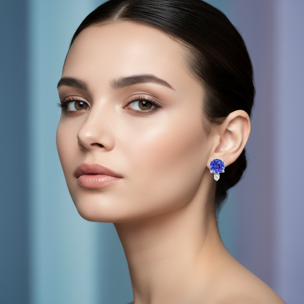 Tanzanite Diamond Stud Earrings on Face