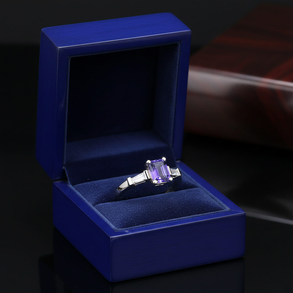 14k white gold three stone Tanzanite diamond fashion ring with 1.86 carats total, displayed in a royal blue box.