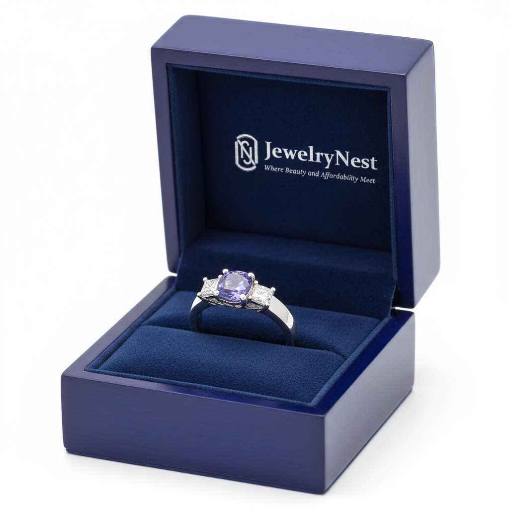 Tanzanite Ring in Royal Blue Jewelry Box with JewelryNest Logo