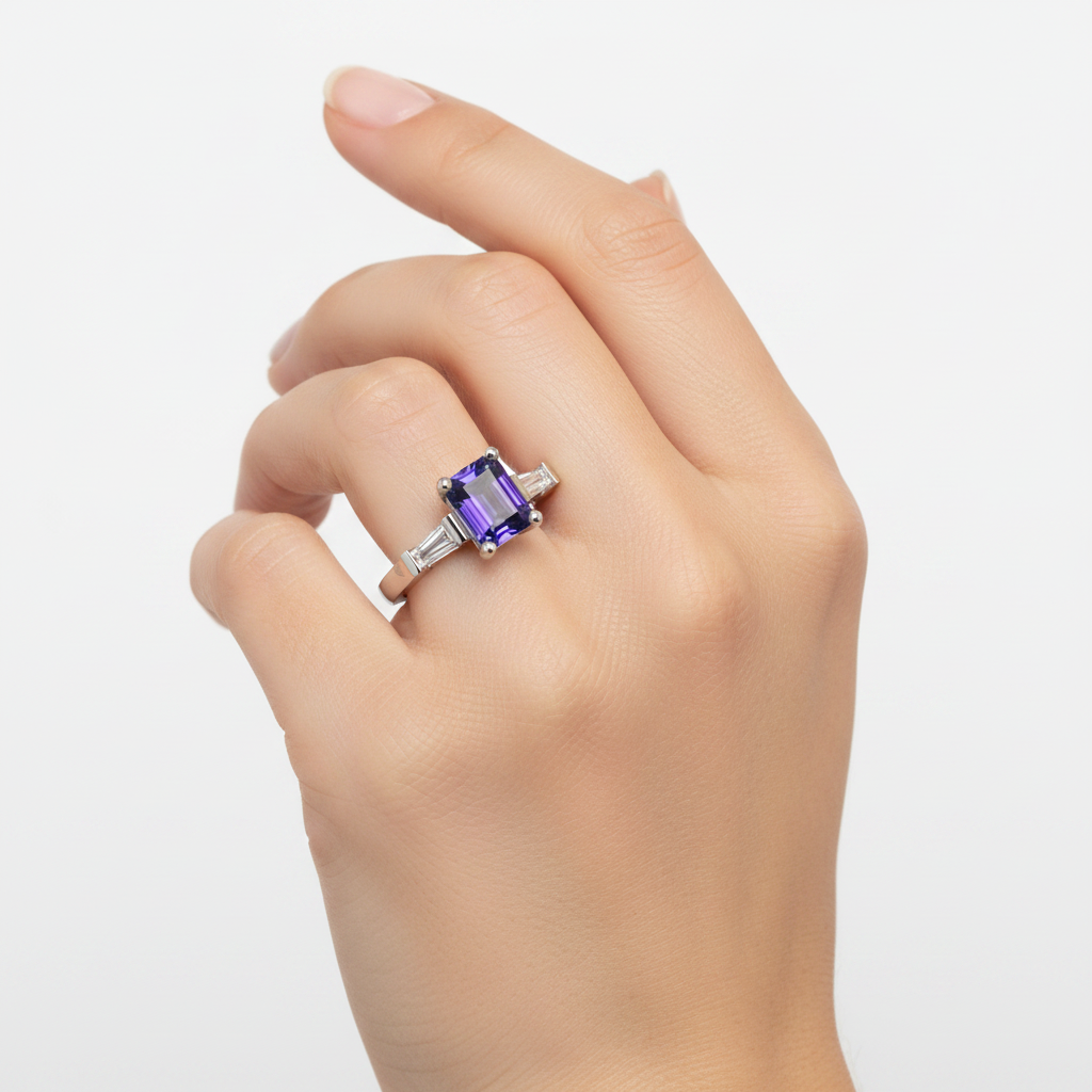 14k white gold three stone tanzanite and diamond fashion ring on hand, showcasing sparkling gemstones and elegant design.