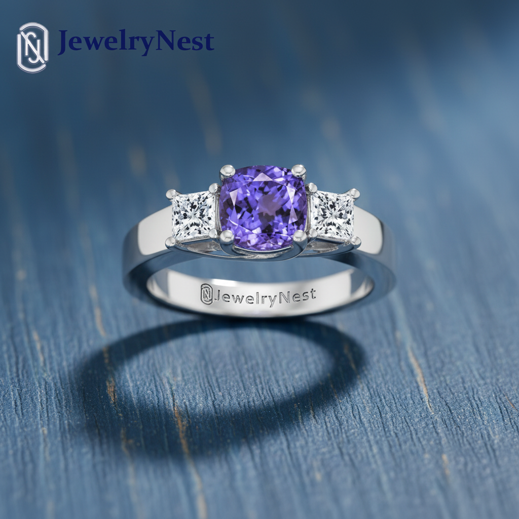 Tanzanite Ring on Royal Blue Wood with JewelryNest Logo