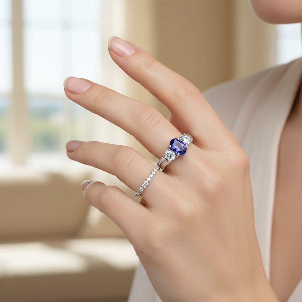 14k gold oval tanzanite and diamond fashion ring on hand, showcasing elegant jewelry with sparkling stones and detailed design.