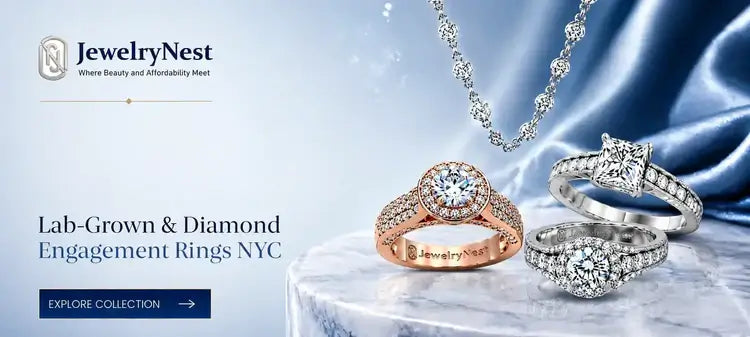 JewelryNest advertisement showcasing several lab-grown and diamond engagement rings in rose gold and silver, alongside a diamond necklace, set against a blue satin and marble background.