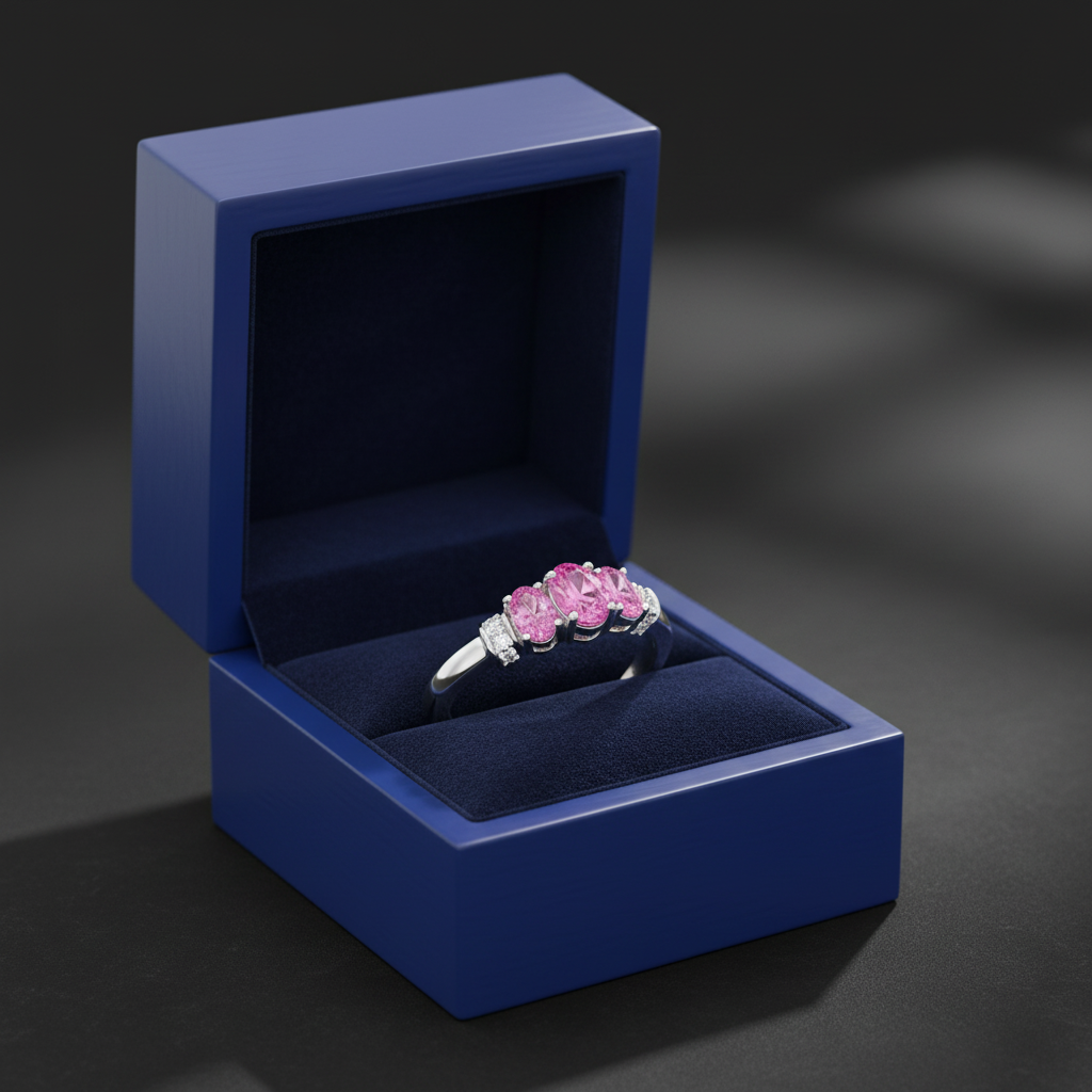 Three Oval Pink Sapphire Ring in Gift Box