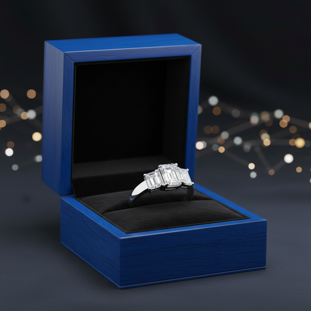 Three Stone Emerald Cut Diamond Ring in Gift Box